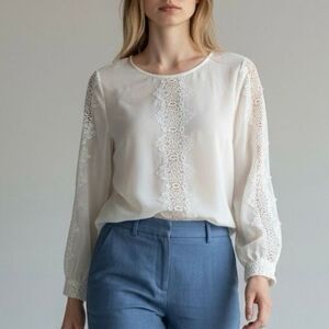 Liz Claiborne S Cream Blouse Lace Artsy Boardwalk Romantic Professional Regency